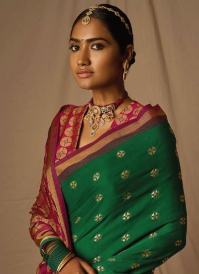 Green and Red Color Contemporary Saree