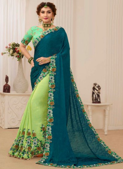 Green and Teal Embroidered Designer Saree