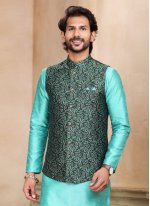 Green and Turquoise Jacquard Silk Fancy Kurta Payjama With Jacket
