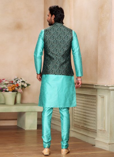 Green and Turquoise Jacquard Silk Fancy Kurta Payjama With Jacket