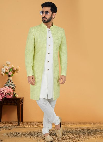 Green and White Embroidered Indo Western