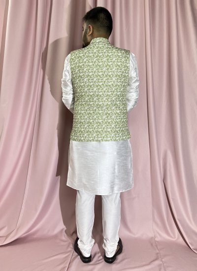 Green and White Silk Kurta Payjama With Jacket