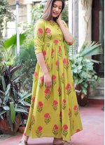 Green and Yellow Printed Mehndi Designer Gown