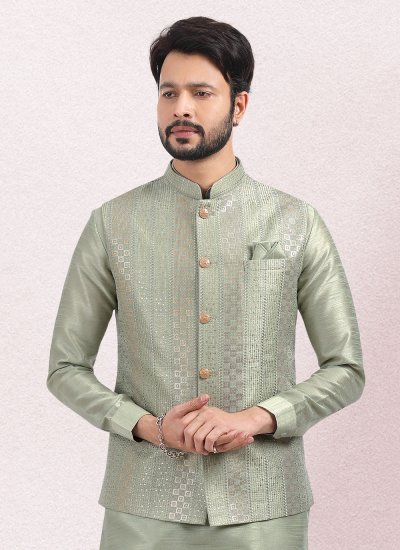 Green Art Banarasi Silk Engagement Kurta Payjama With Jacket