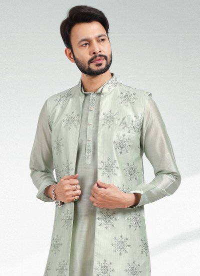 Green Art Banarasi Silk Kurta Payjama With Jacket