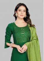 Green Blended Cotton Embroidered Pant Style Suit