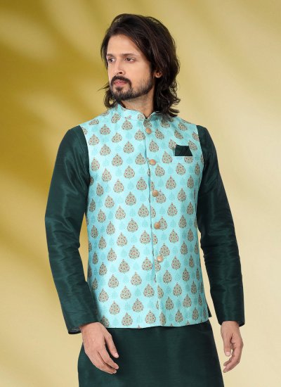 
                            Green Ceremonial Banarasi Silk Kurta Payjama With Jacket