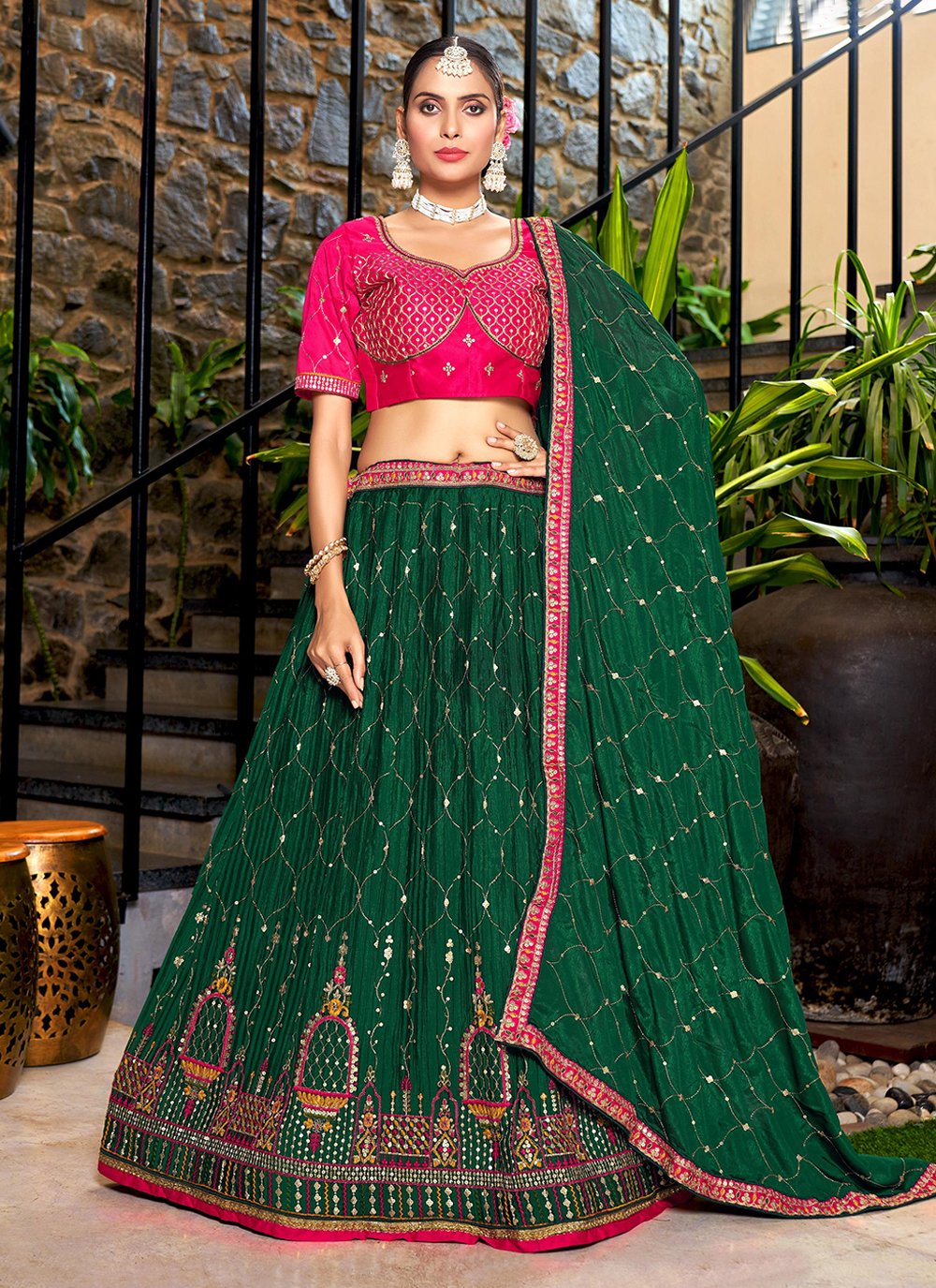 Embroidered Dark Green Color Georgette Fabric Lehenga Choli