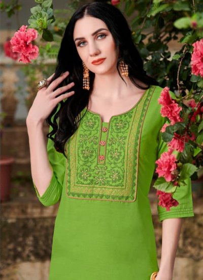 
                            Green Cotton Embroidered Party Wear Kurti