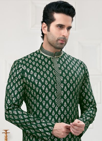 
                            Green Cotton Printed Kurta Pyjama