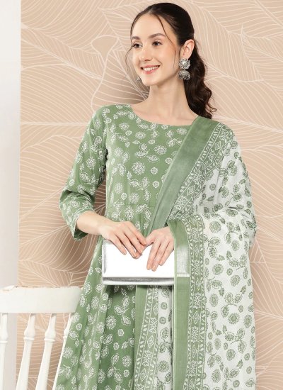 Green Cotton Printed Trendy Salwar Suit