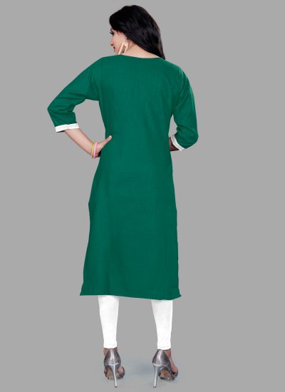 Green Embroidered Blended Cotton Party Wear Kurti