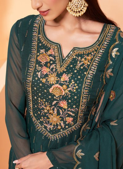 Green Embroidered Faux Georgette Designer Pakistani Salwar Suit