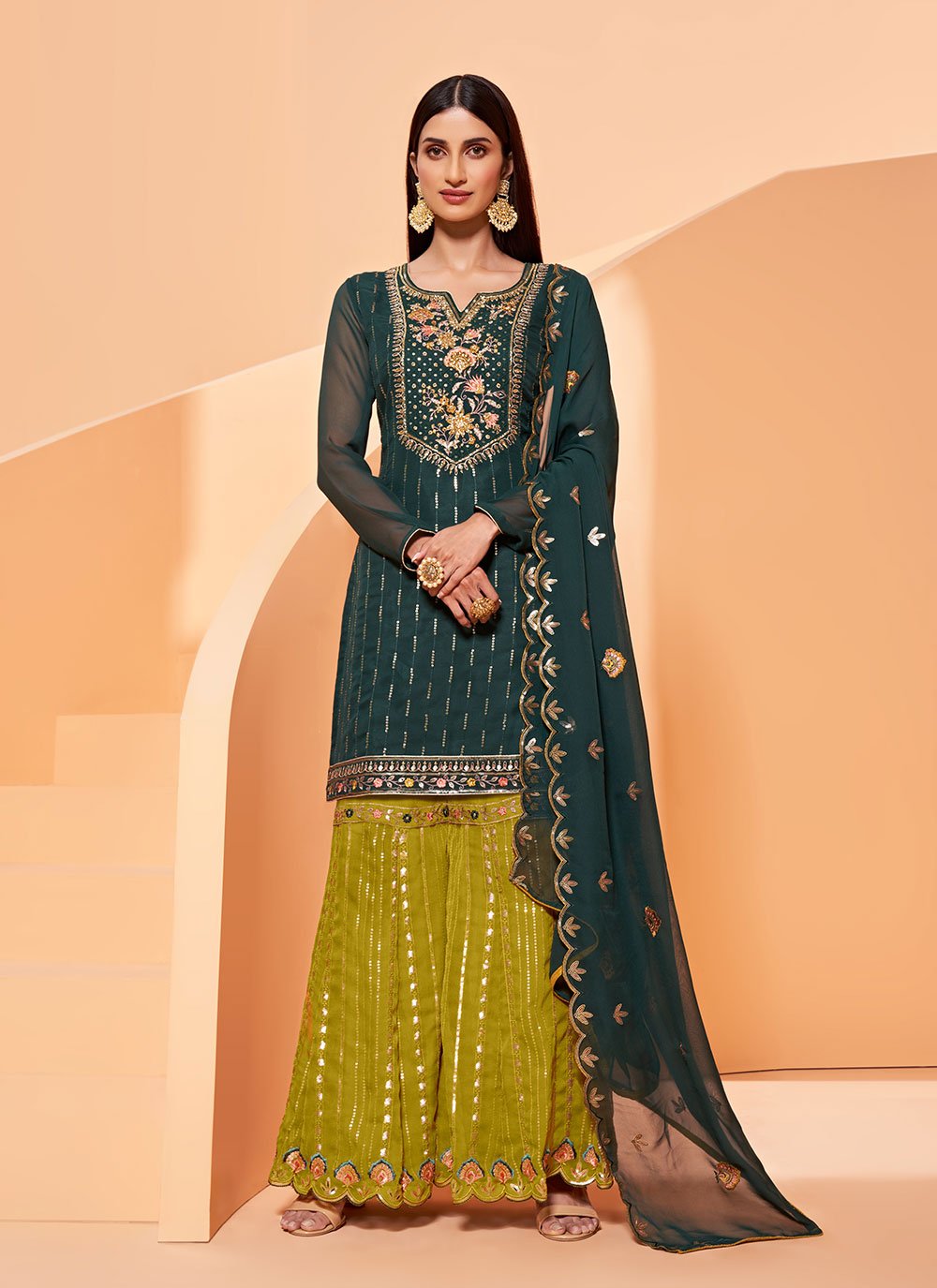 Green Embroidered Faux Georgette Designer Pakistani Salwar Suit -