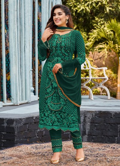 Green Embroidered Faux Georgette Salwar Kameez