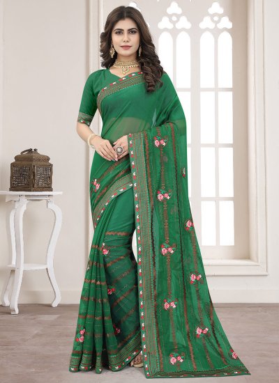 Green Embroidered Festival Contemporary Style Saree