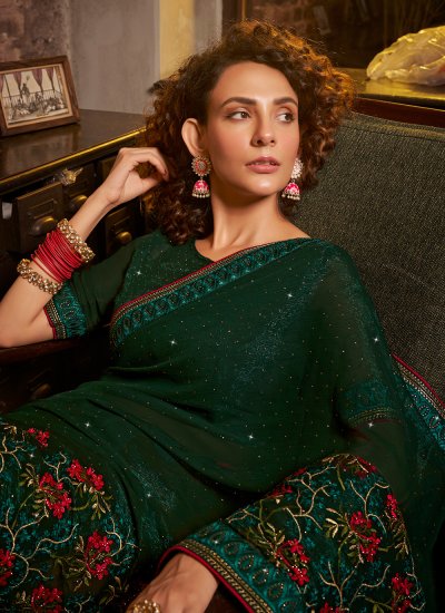 Green Embroidered Festival Trendy Saree