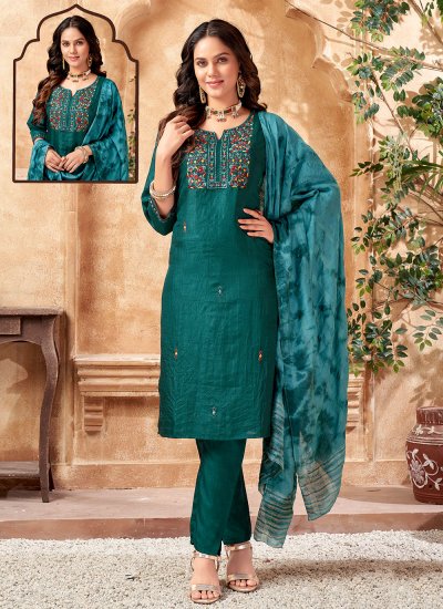 Green Embroidered Silk Readymade Salwar Suit