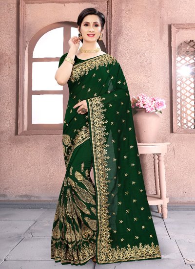 Green Embroidered Vichitra Silk Designer Traditional Saree