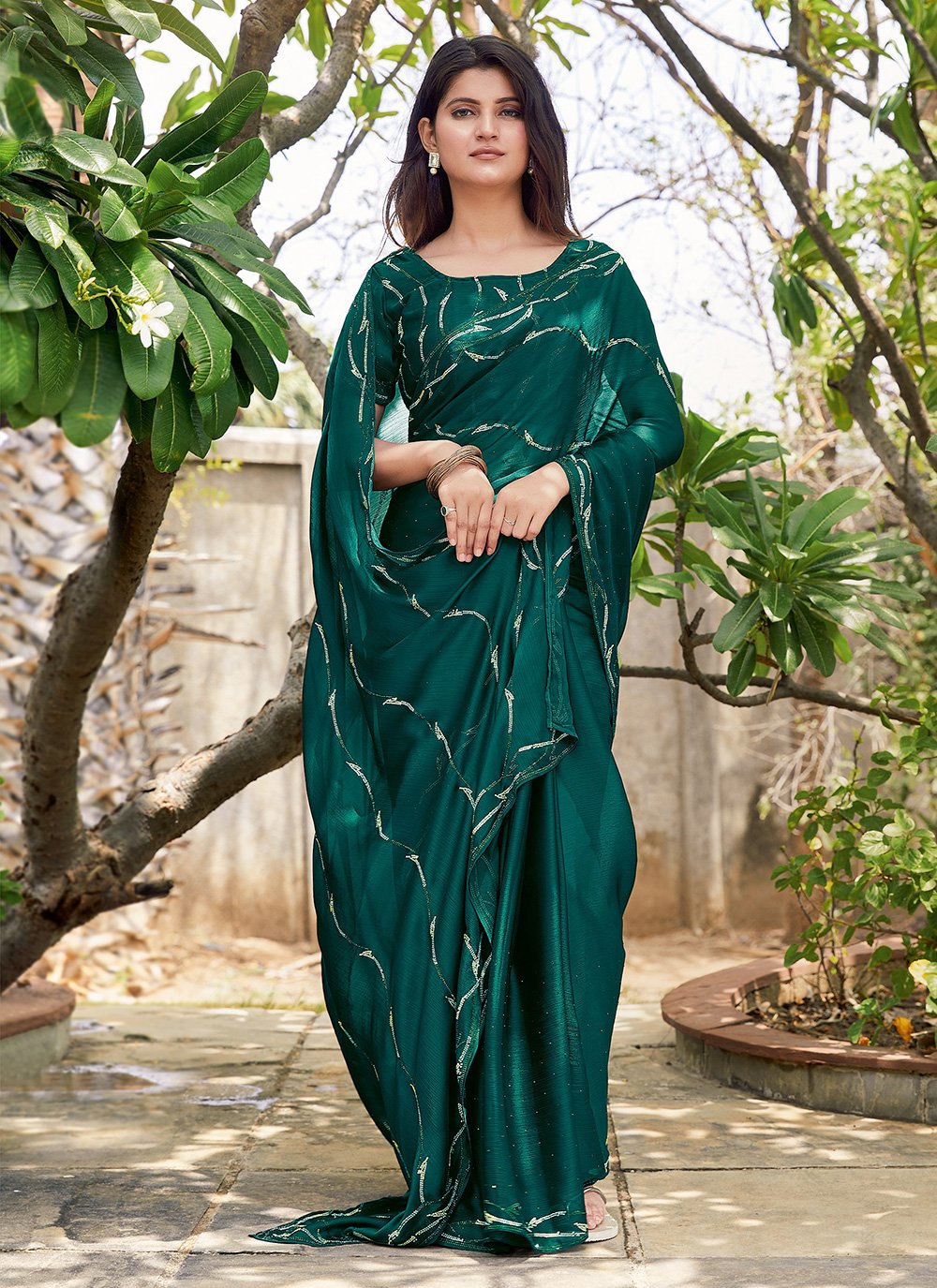 Green Engagement Satin Silk Saree -