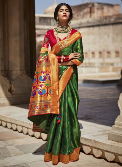 Engagement, Reception, Traditional Green color Banarasi Silk, Silk fabric  Saree : 1876501