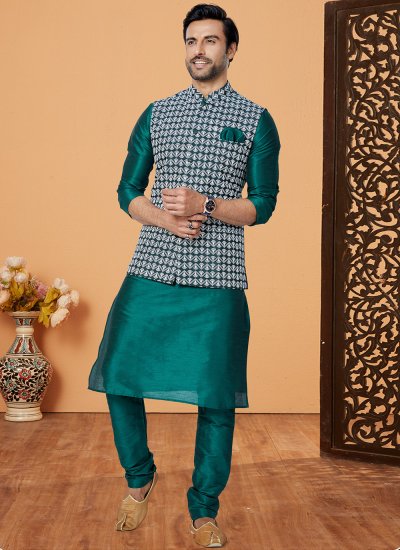 
                            Green Fancy Banarasi Silk Kurta Payjama With Jacket
