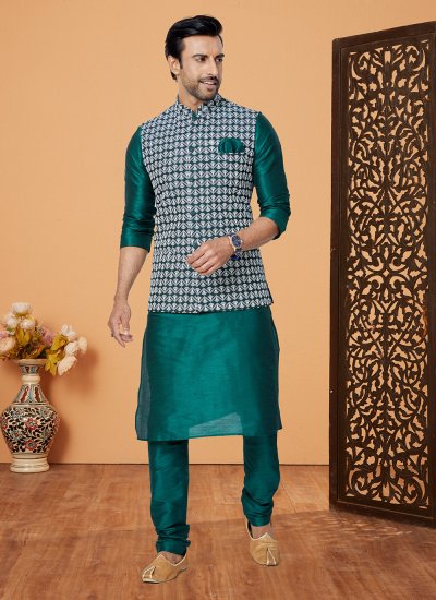 Green Fancy Banarasi Silk Kurta Payjama With Jacket