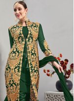 Green Faux Georgette Resham Jacket Style Suit