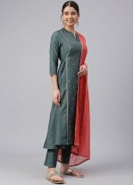 Green Festival Poly Silk Readymade Suit