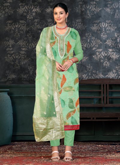 Green Handwork Organza Designer Salwar Suit