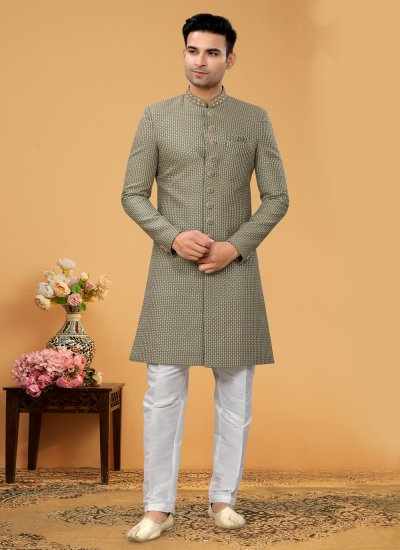 Green Lucknowi work Fancy Fabric Indo Western Sherwani