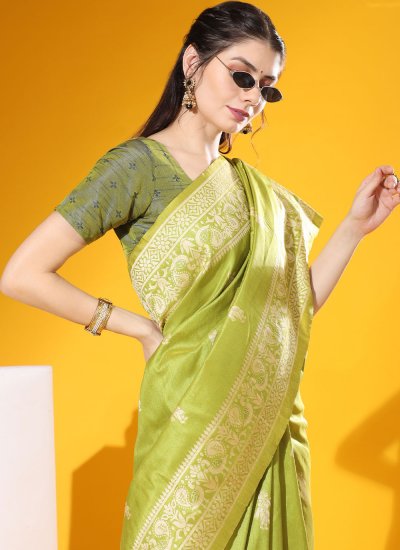 Green Mehndi Handloom silk Contemporary Style Saree