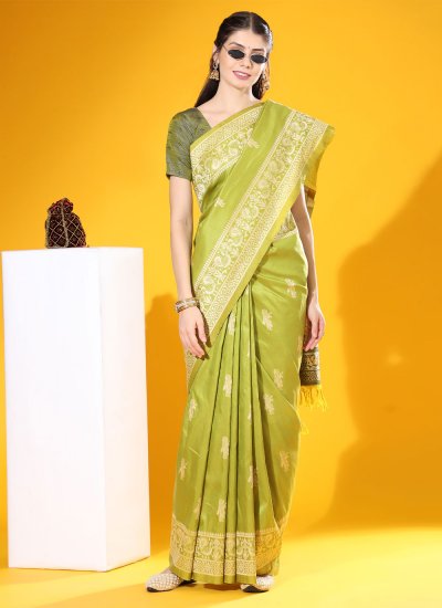 Green Mehndi Handloom silk Contemporary Style Saree