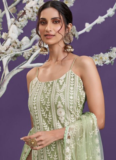Green Net Embroidered Designer Straight Suit