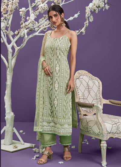 Green Net Embroidered Designer Straight Suit
