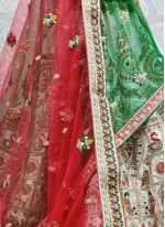Green, Off White and Red Thread Work Silk Lehenga Choli