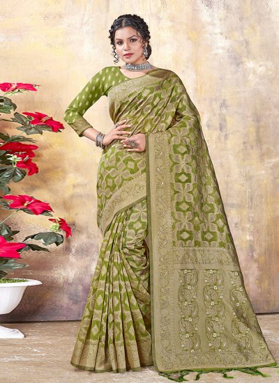 Green Organza Mehndi Classic Designer Saree