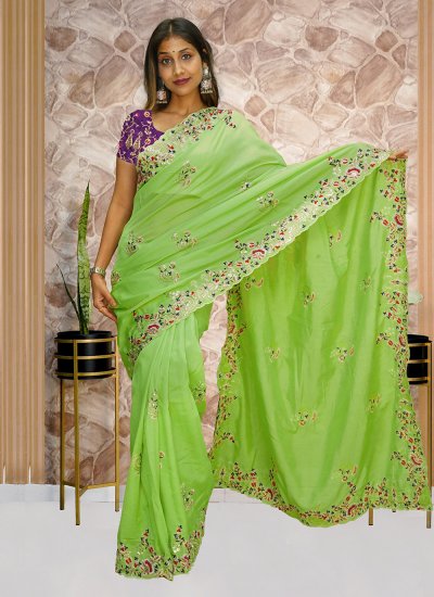Green Reception Vichitra Silk Contemporary Saree