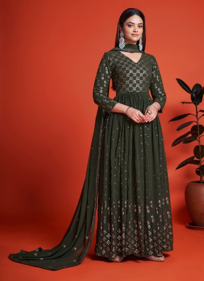 Green Sequins Georgette Designer Gown