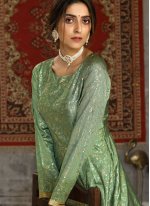 Green Tafeta Silk Foil Print Designer Gown