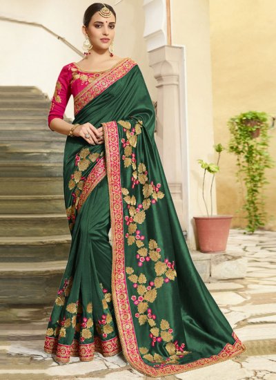 Green Vichitra Silk Designer Traditional Saree