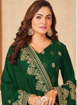 Green Viscose Embroidered Straight Salwar Suit