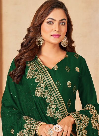 Green Viscose Embroidered Straight Salwar Suit
