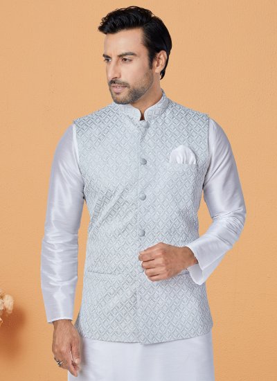 Grey and Off White Festival Banarasi Silk Kurta Payjama With Jacket