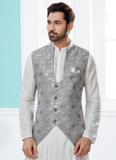 
                            Grey and Off White Jacquard Work Indo Western