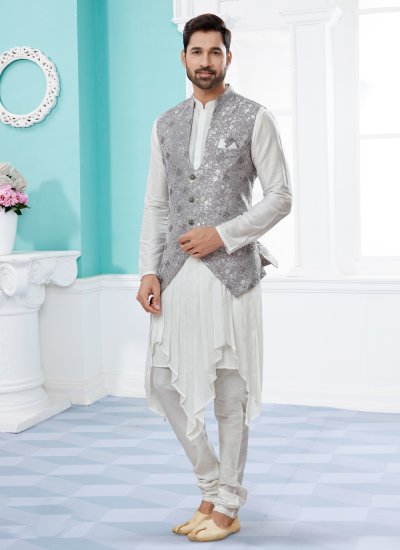 Grey and Off White Jacquard Work Indo Western