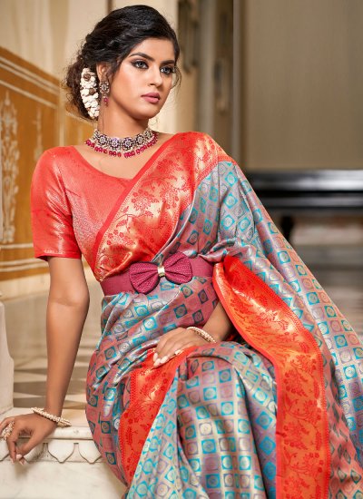 Grey and Orange Banarasi Silk Trendy Saree