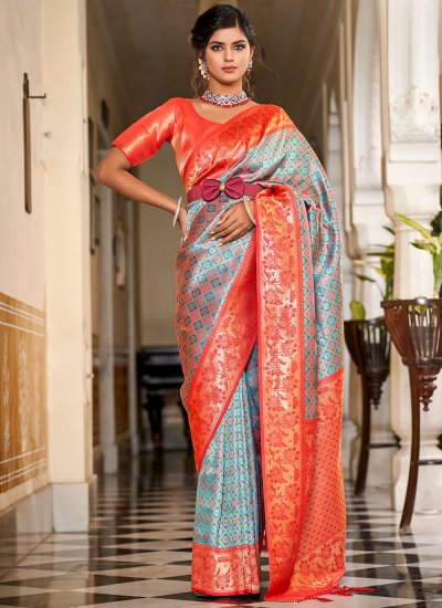 Grey and Orange Banarasi Silk Trendy Saree