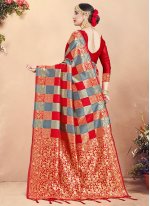 Grey and Red Weaving Art Banarasi Silk Classic Designer Saree