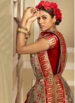 Grey and Red Woven Banarasi Silk Traditional Designer Saree